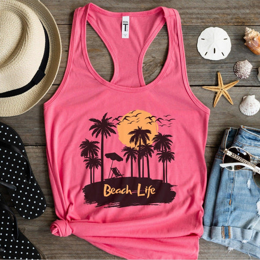 Beach Life Tropical Palm Tree Workout Tank Top for Women - Basically Beachy