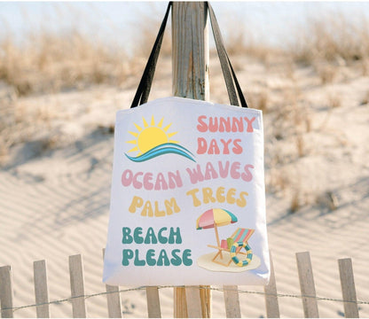 Beach Themed Tote Bag, Sunny Days, Ocean Waves, Palm Trees, Beach Please, Beach Chair, Beach Time - Basically Beachy