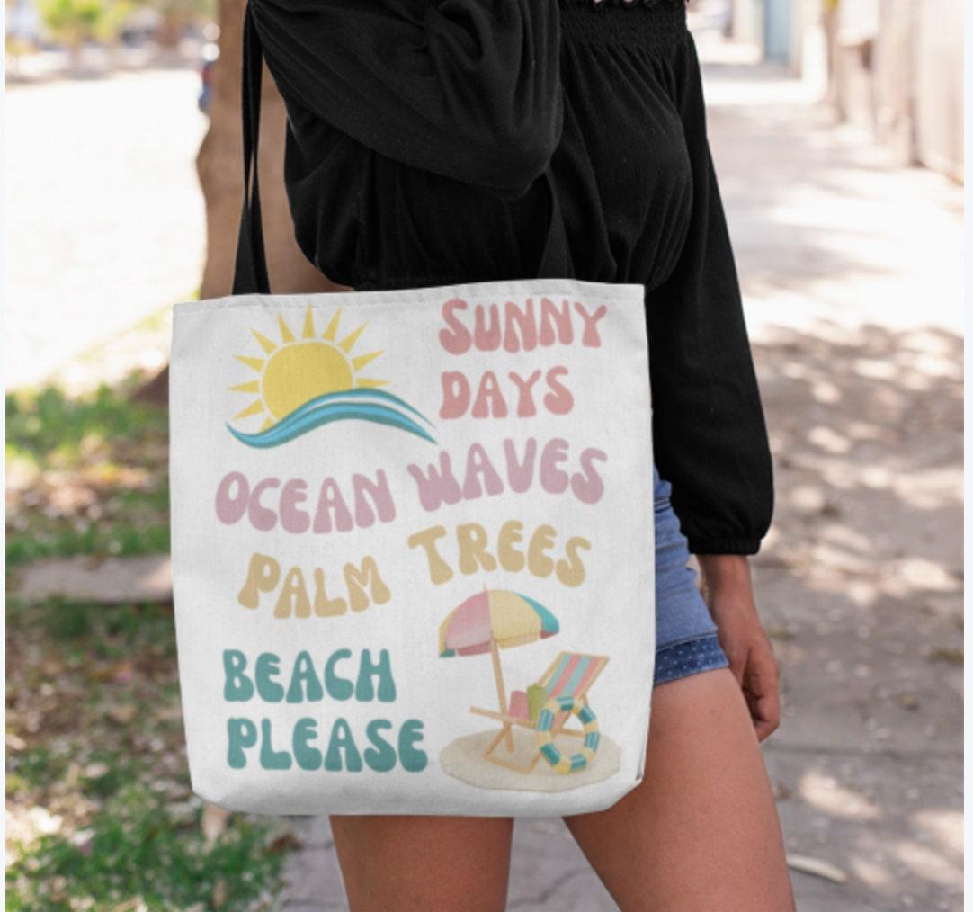 Beach Themed Tote Bag, Sunny Days, Ocean Waves, Palm Trees, Beach Please, Beach Chair, Beach Time - Basically Beachy