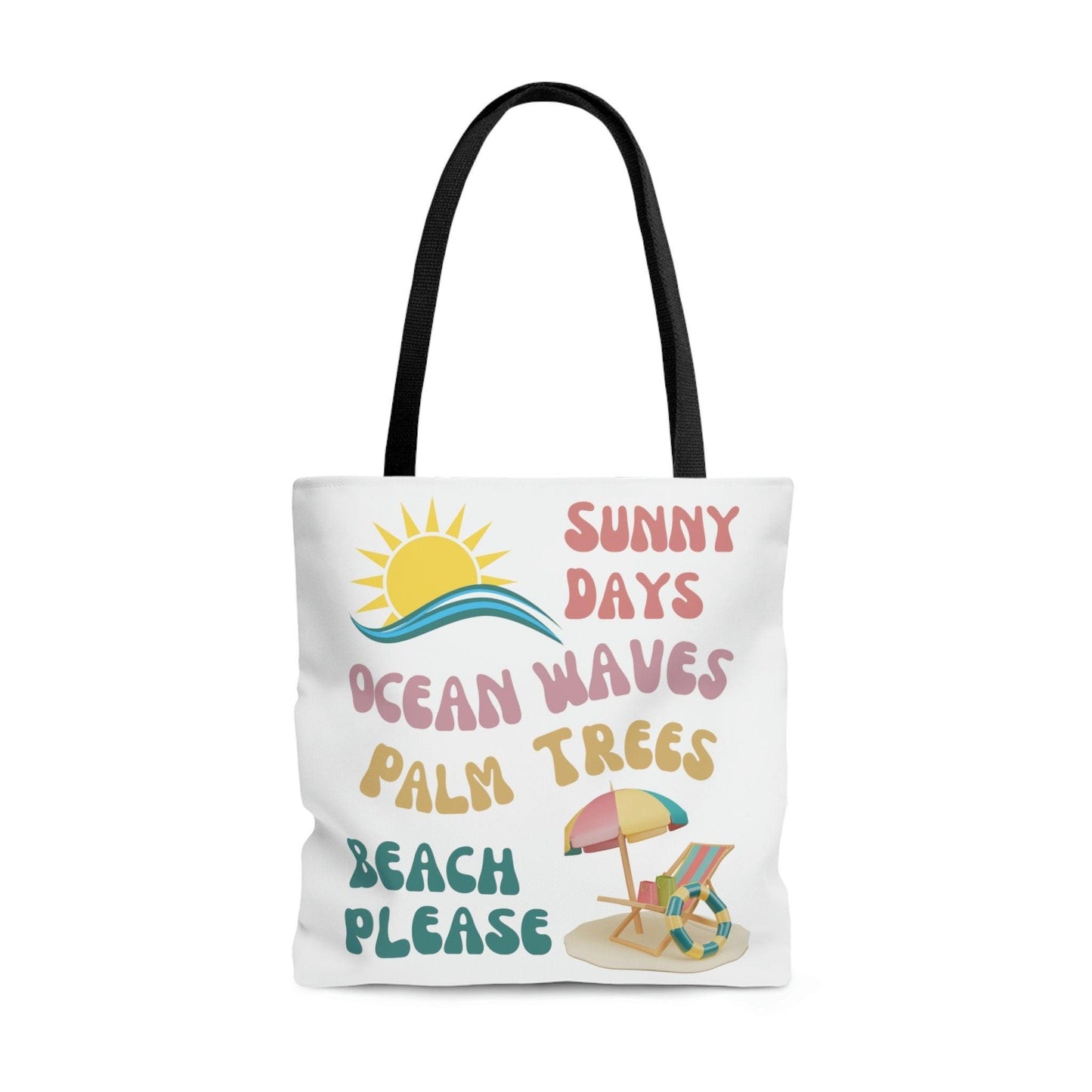 Beach Themed Tote Bag, Sunny Days, Ocean Waves, Palm Trees, Beach Please, Beach Chair, Beach Time - Basically Beachy