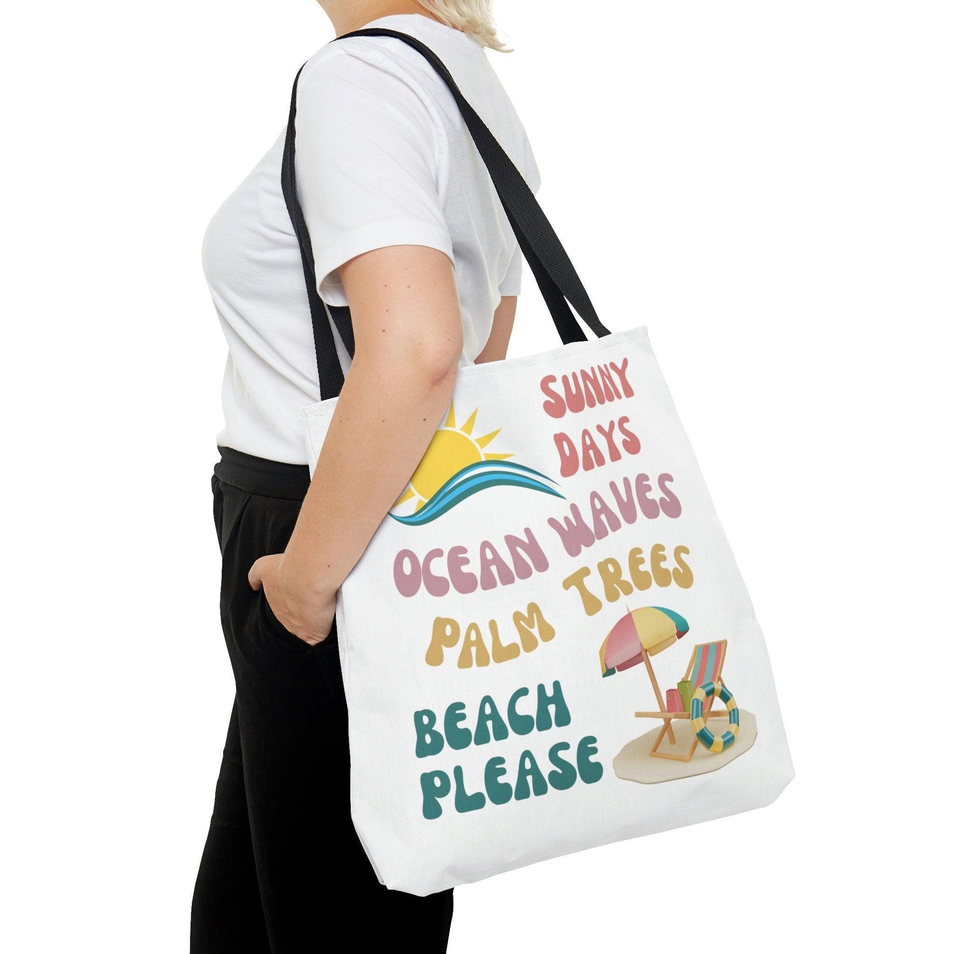 Girl holding beach bag, beach tote, beach please beach tote