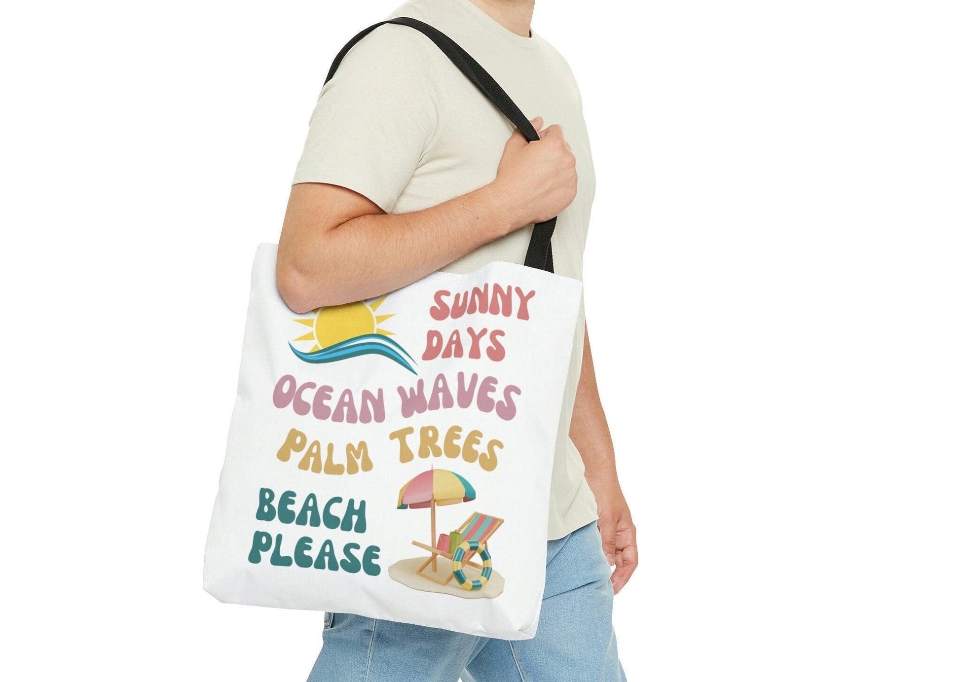 Beach Themed Tote Bag, Sunny Days, Ocean Waves, Palm Trees, Beach Please, Beach Chair, Beach Time - Basically Beachy