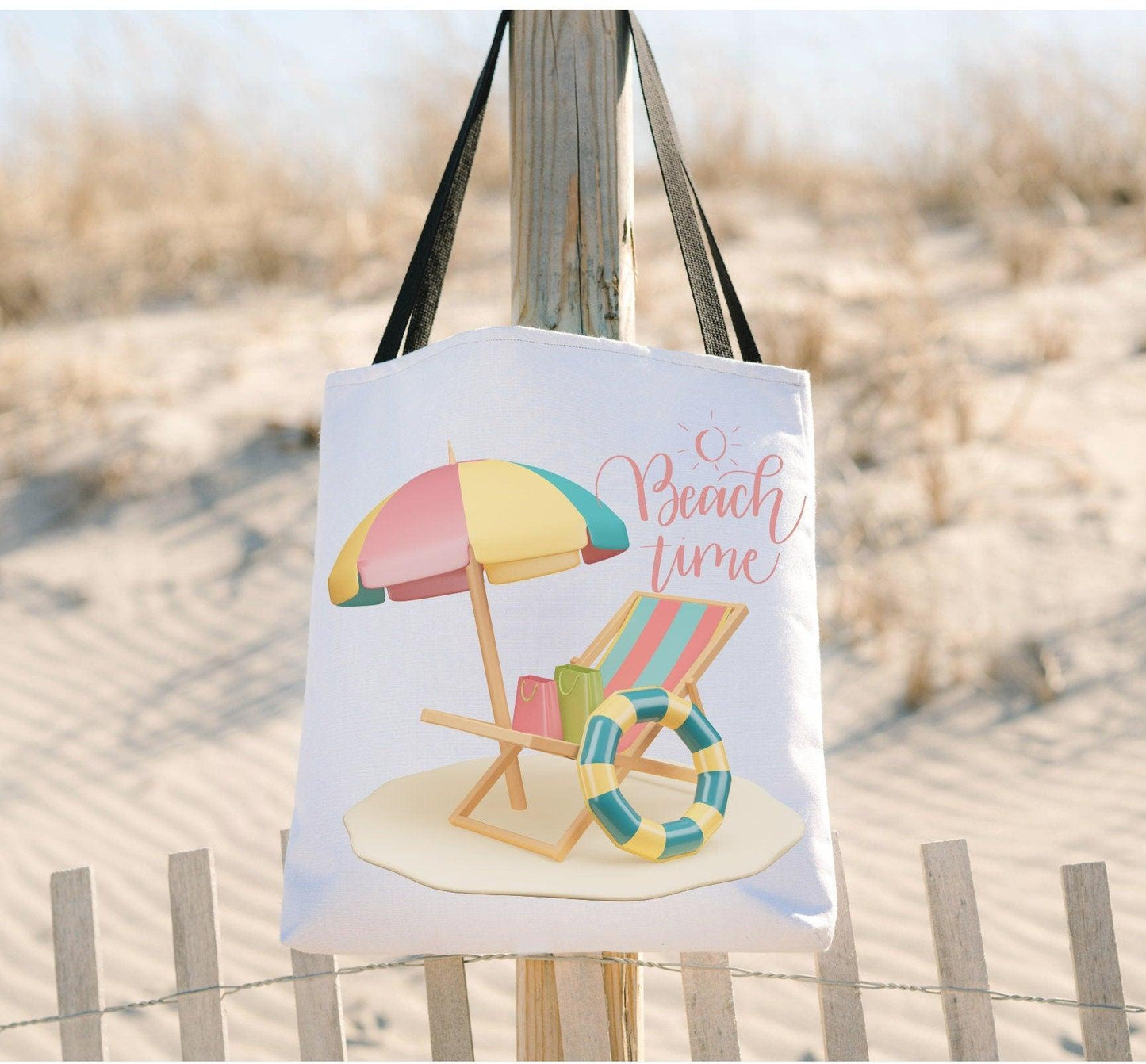 beach bag, beach time tote bag, beach bag hanging at the beach, large beach tote bag with beach chair and umberalla