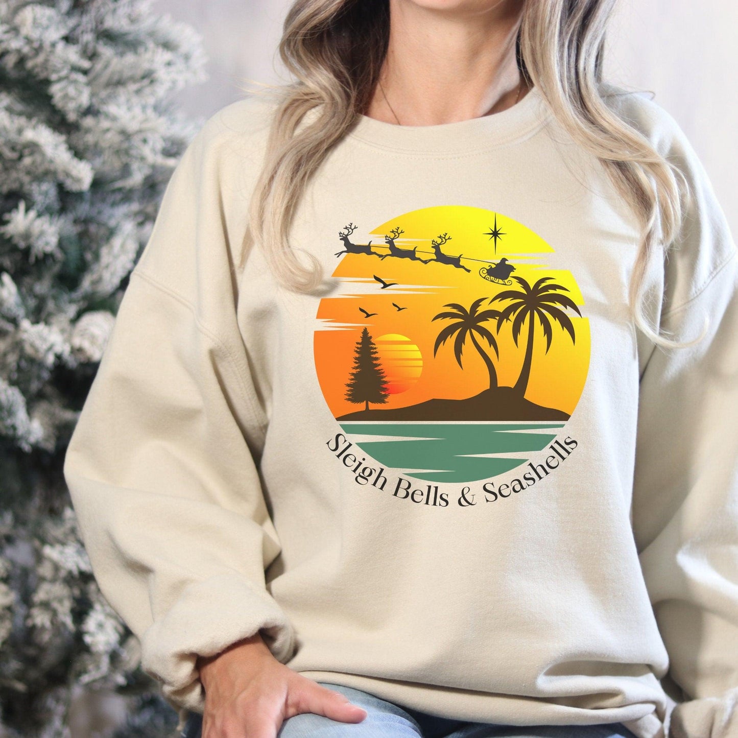 Christmas Beach Tropical Sweatshirt, Sleigh Bells and Seashells - Basically Beachy