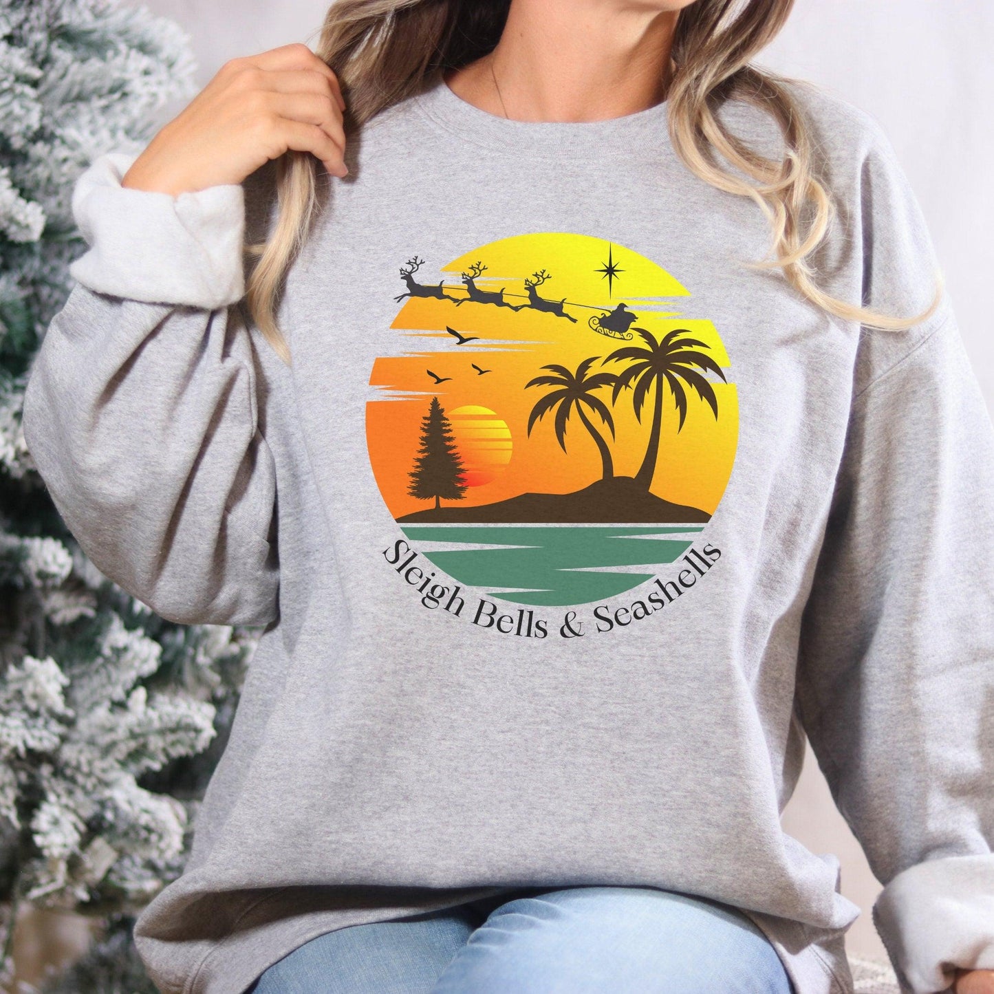 Christmas Beach Tropical Sweatshirt, Sleigh Bells and Seashells - Basically Beachy