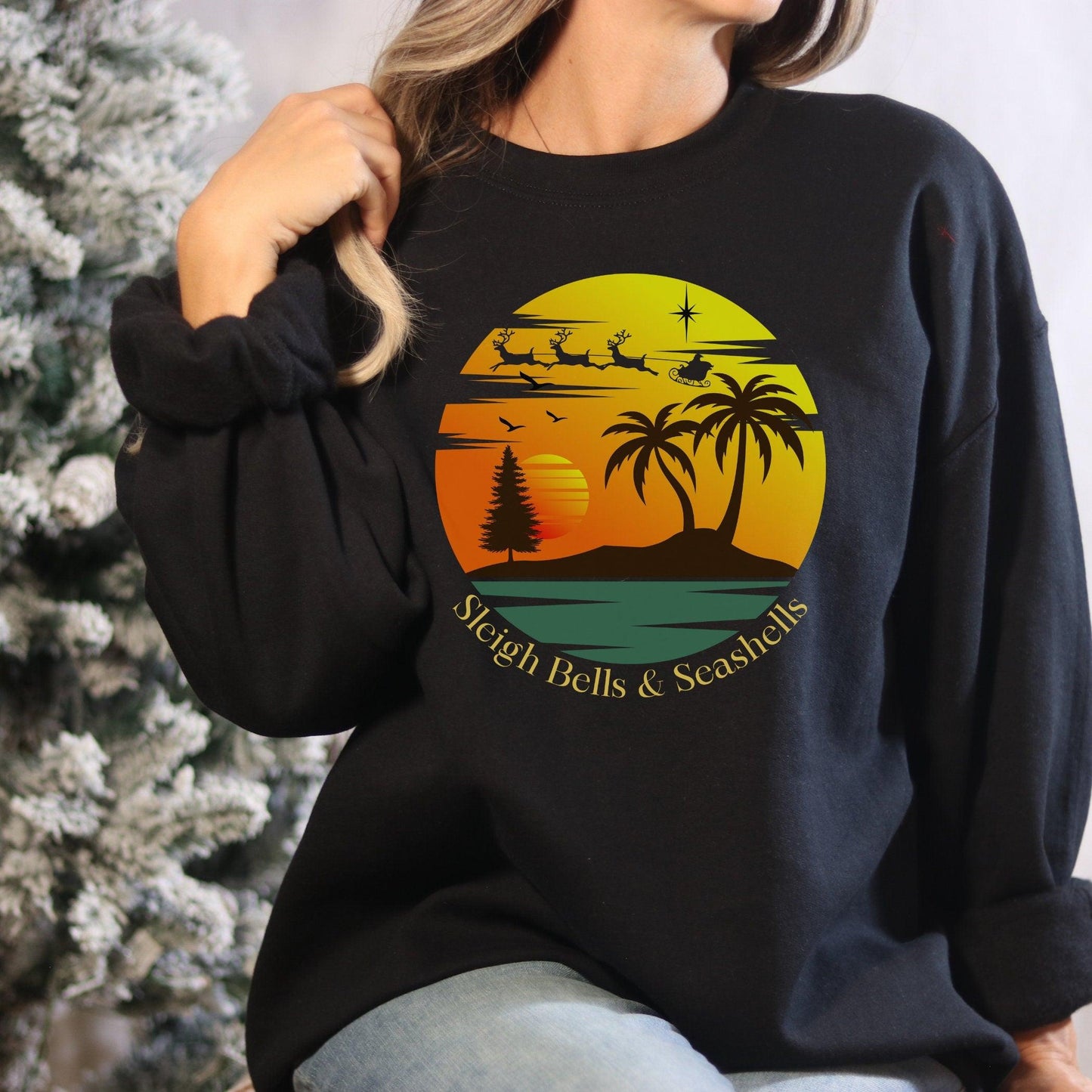 Christmas Beach Tropical Sweatshirt, Sleigh Bells and Seashells - Basically Beachy