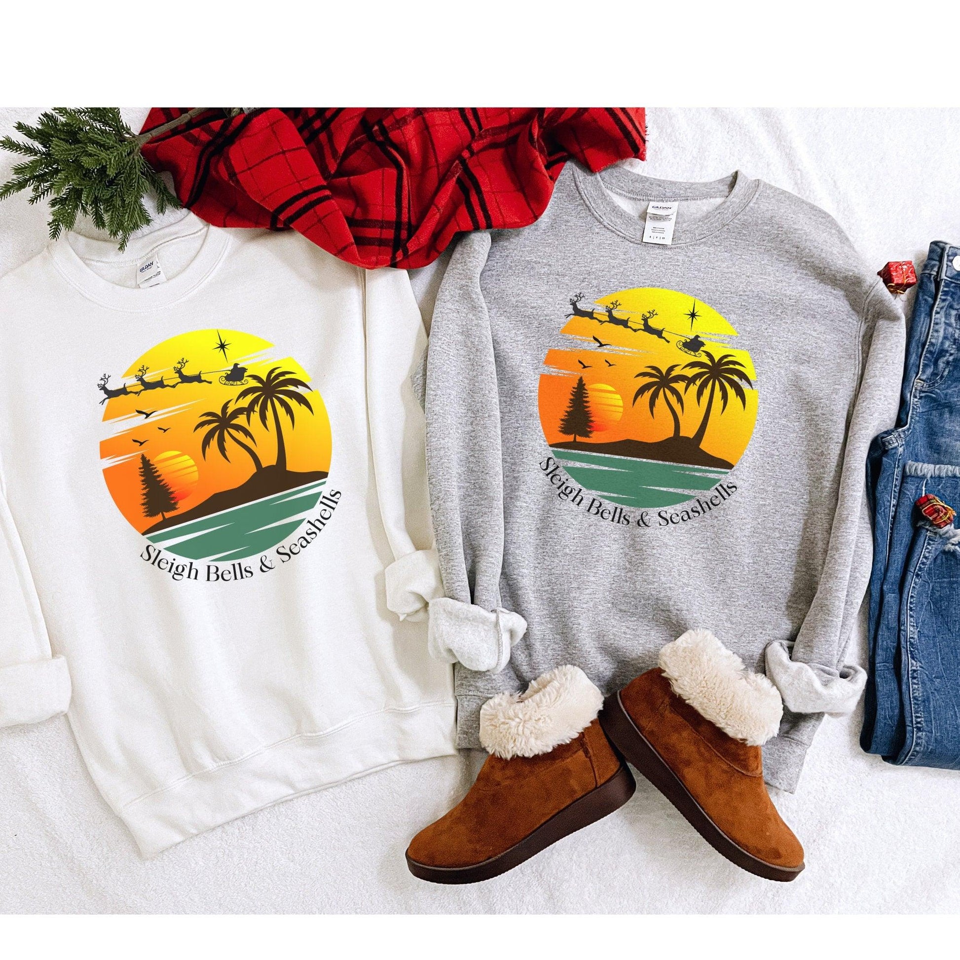 Christmas Beach Tropical Sweatshirt, Sleigh Bells and Seashells - Basically Beachy