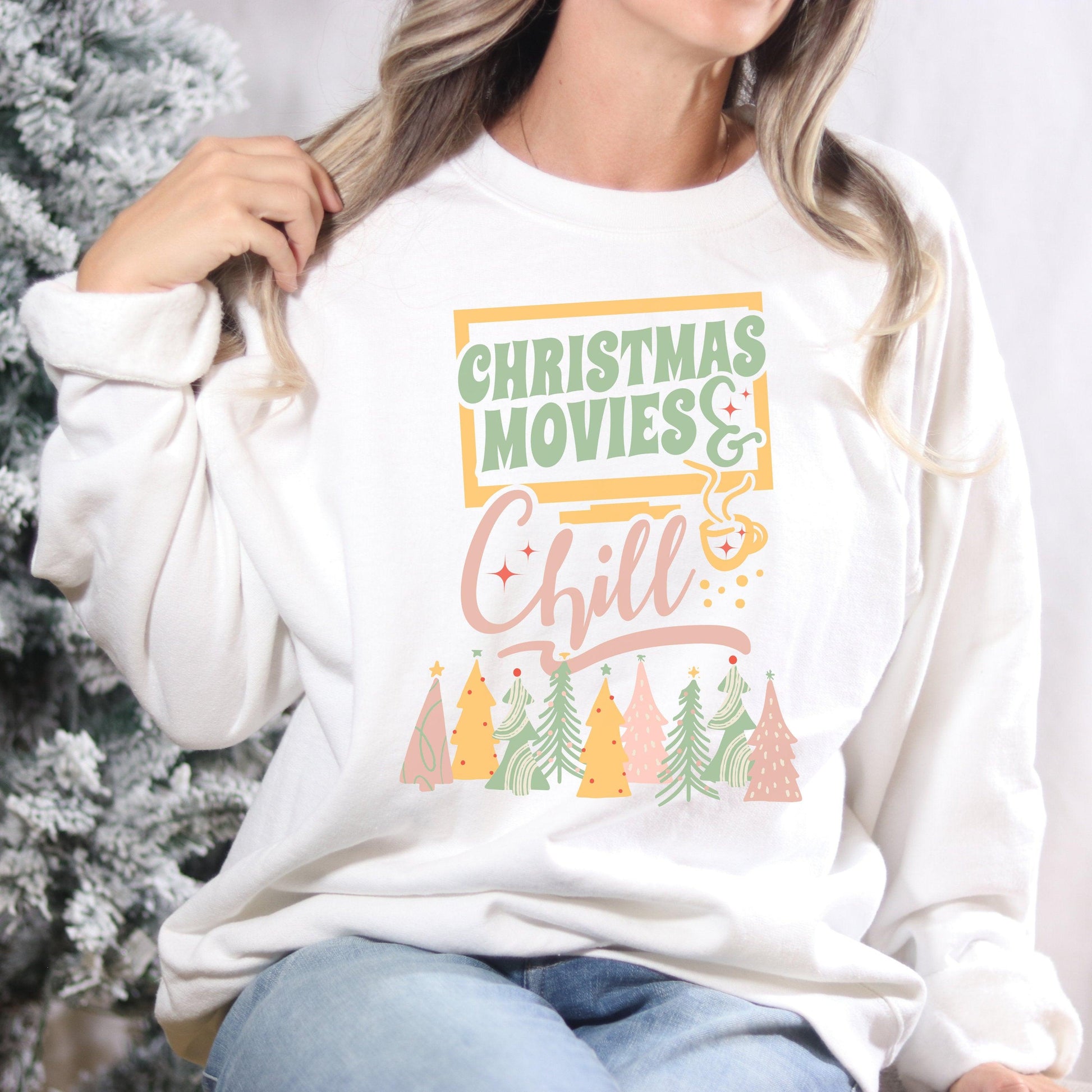 Christmas Movies and Chill Pastel Christmas Tree Sweatshirt - Basically Beachy