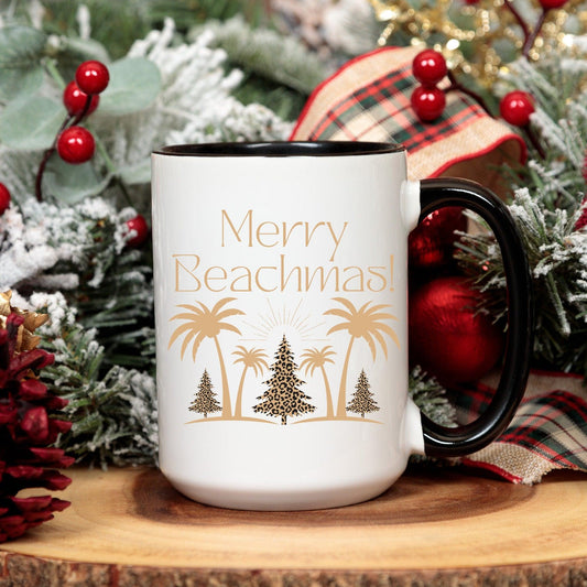 Christmas Palm Tree Mug - Merry Beachmas Leopard Print Holiday Cup - Basically Beachy