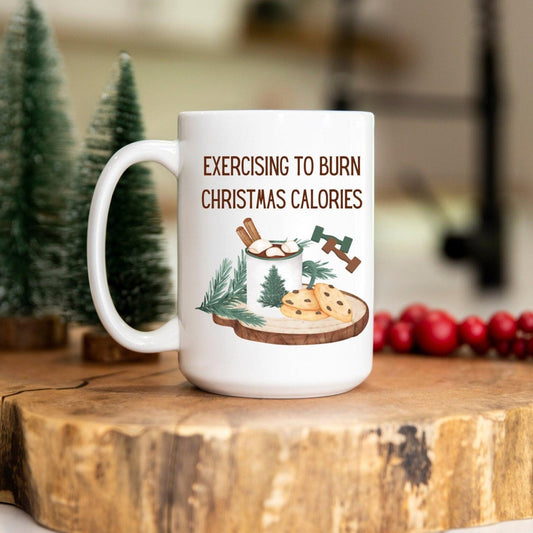 Exercising to Burn Christmas Calories 15oz White Ceramic Coffee Mug - Basically Beachy