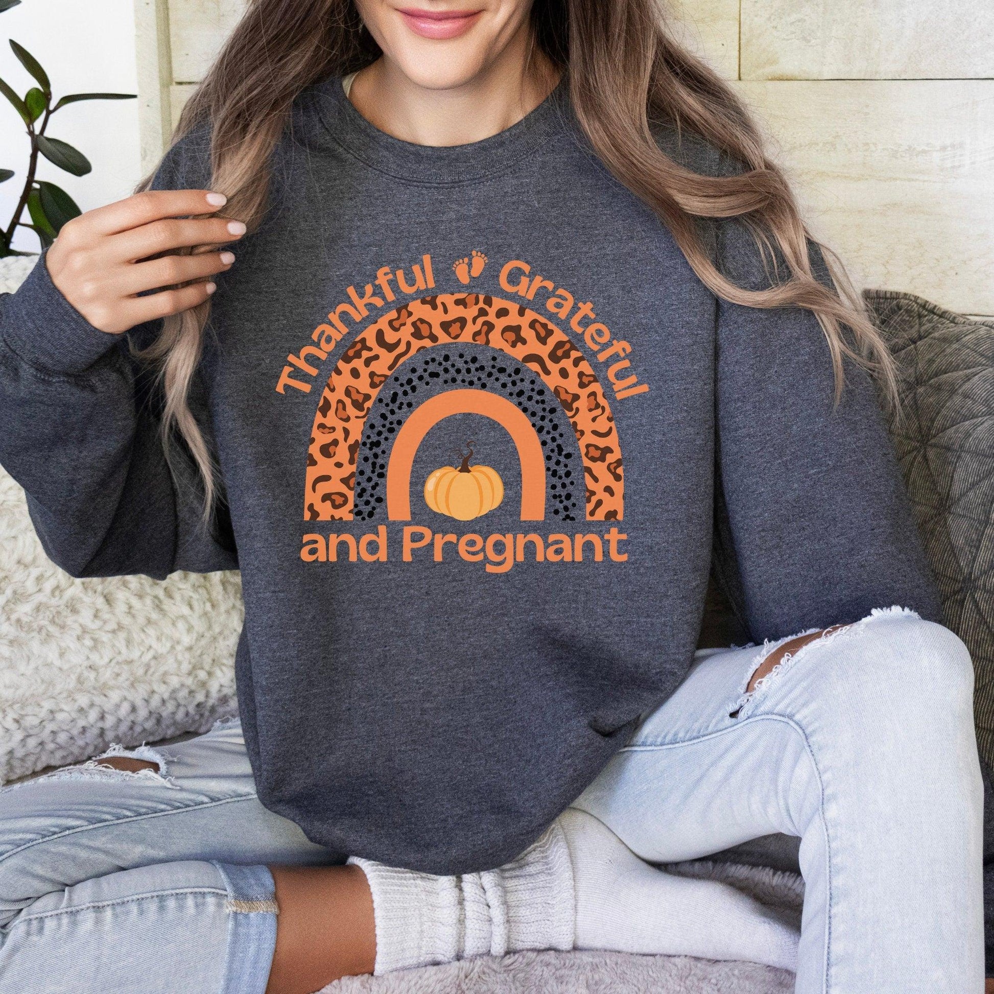 Fall Pregnancy Sweatshirt, Thankful Grateful and Pregnant Thanksgiving Sweatshirt - Basically Beachy