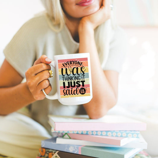 Funny Coffee Mug - Humorous 15oz White Ceramic Cup for Coffee or Hot Cocoa - Basically Beachy