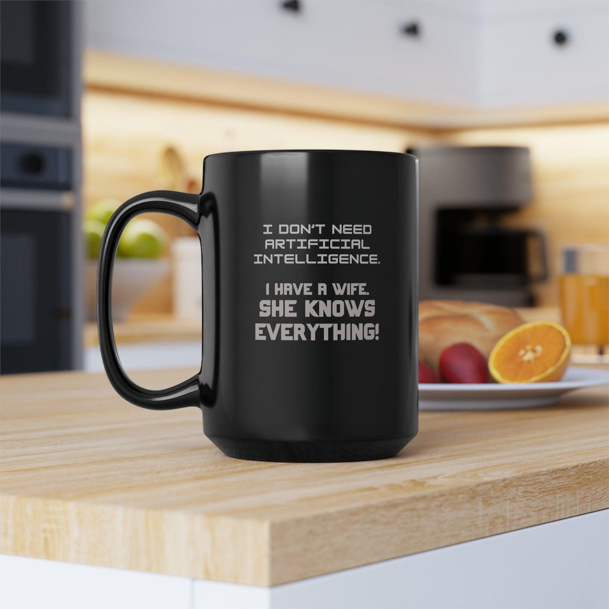 Husband Funny Mug - Black 15 oz AI Wife Knows Everything Gift - Basically Beachy