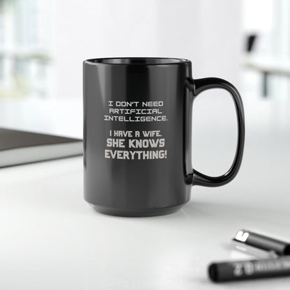 Husband Funny Mug - Black 15 oz AI Wife Knows Everything Gift - Basically Beachy