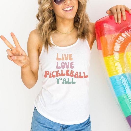 Live Love Pickleball Y'all Retro Groovy Racerback Tank Top - Basically Beachy