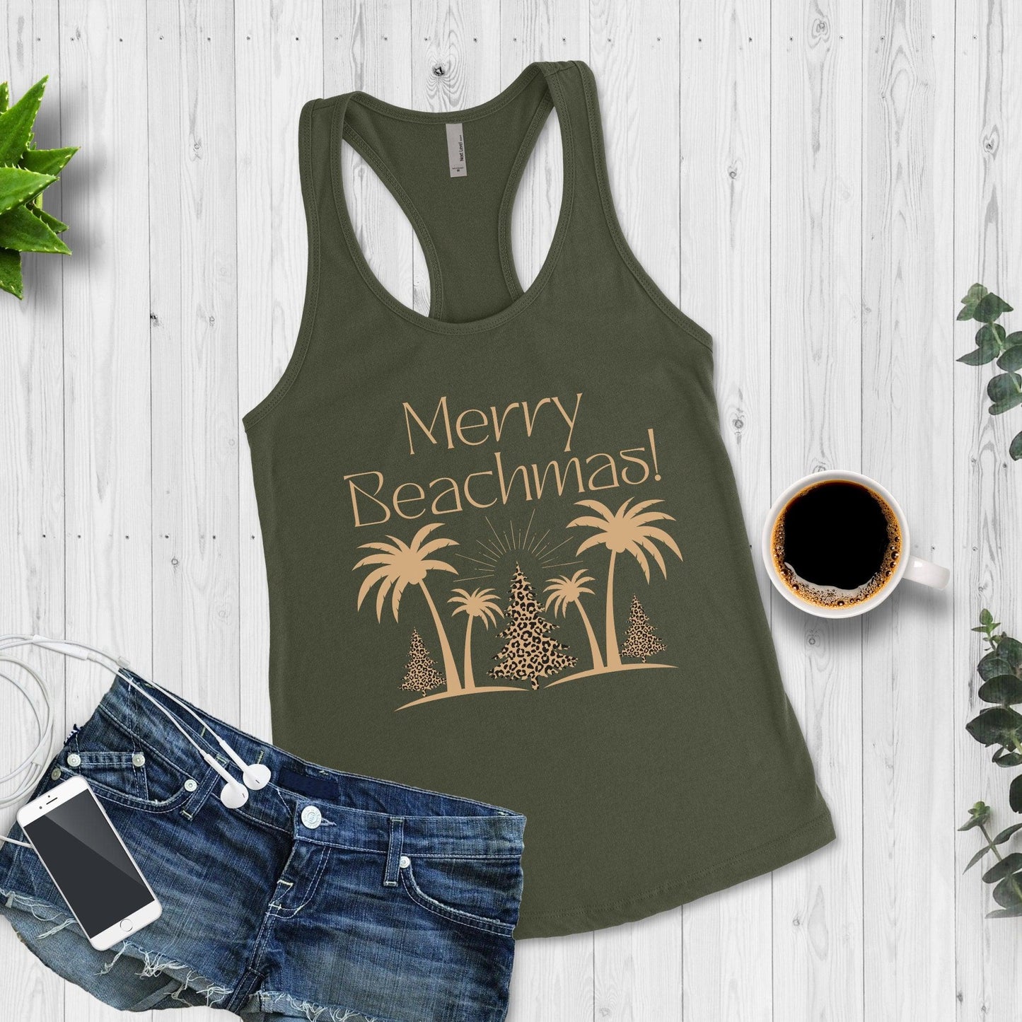 Merry Beachmas Christmas Workout Tank Top - Beachy Palm Tree Design - Basically Beachy