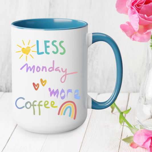 Motivational Monday Coffee Mug - 15oz White Ceramic with Light Blue or Pink Accent - Great Gift for Coworkers and Coffee Lovers - Basically Beachy