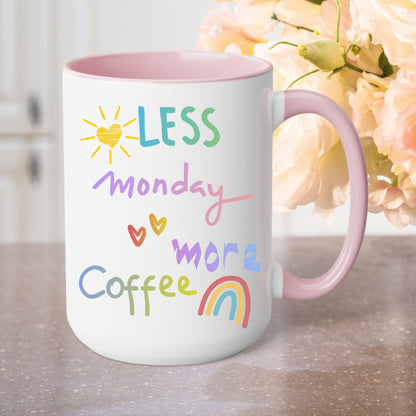 Motivational Monday Coffee Mug - 15oz White Ceramic with Light Blue or Pink Accent - Great Gift for Coworkers and Coffee Lovers - Basically Beachy