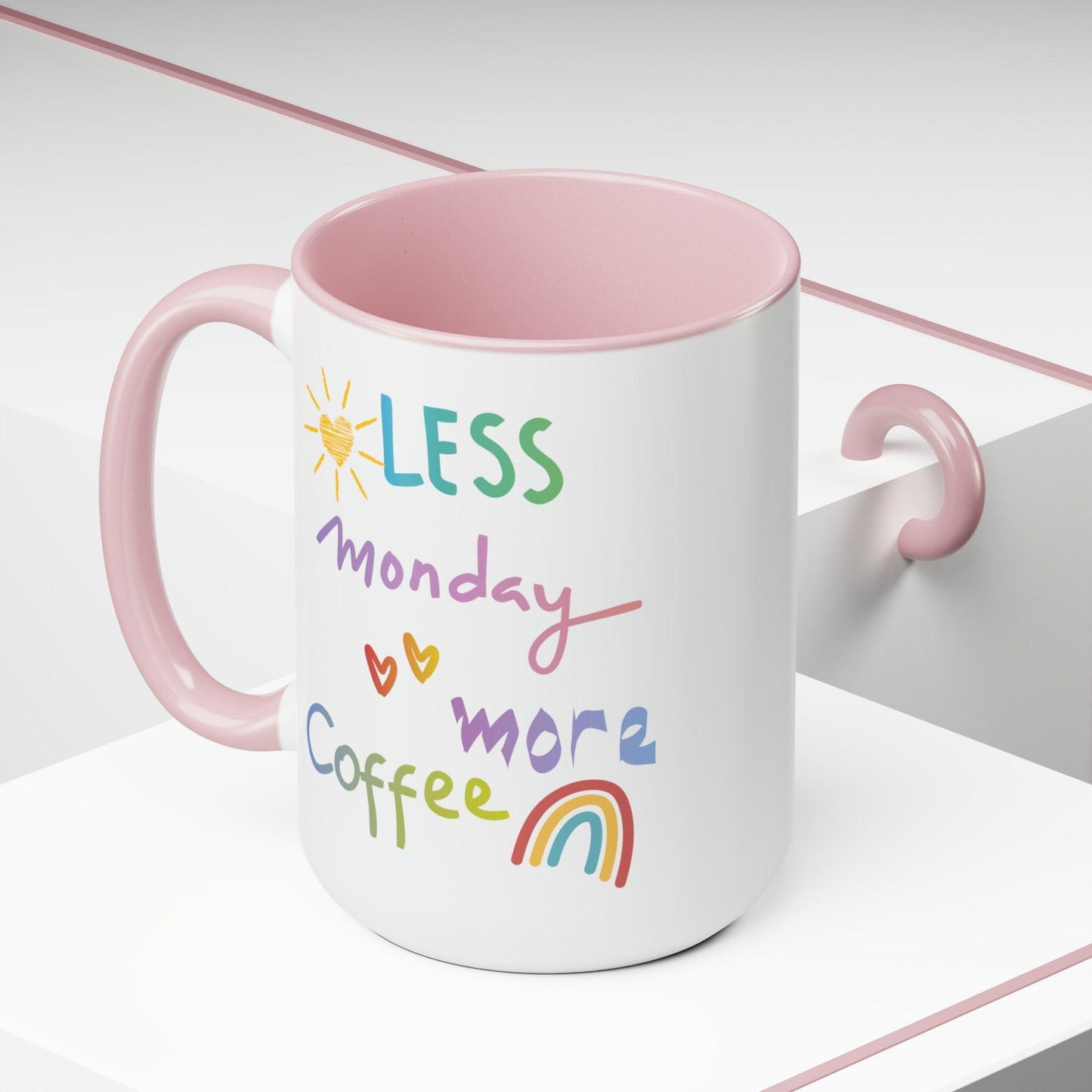 Motivational Monday Coffee Mug - 15oz White Ceramic with Light Blue or Pink Accent - Great Gift for Coworkers and Coffee Lovers - Basically Beachy