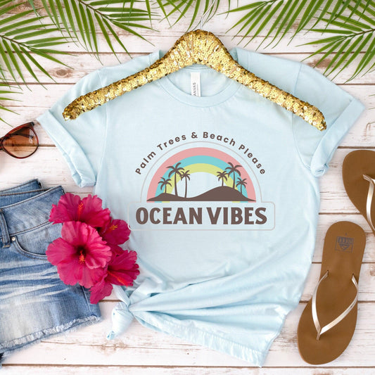 Ocean Vibes Palm Trees Beach T-shirt - Womens Softstyle Tee for Beach Vacation - Basically Beachy