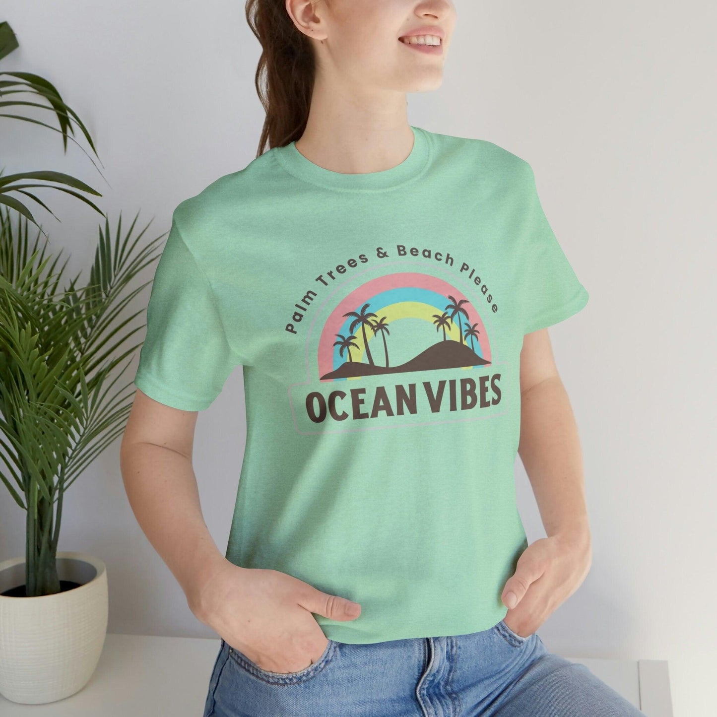 Ocean Vibes Palm Trees Beach T-shirt - Womens Softstyle Tee for Beach Vacation - Basically Beachy