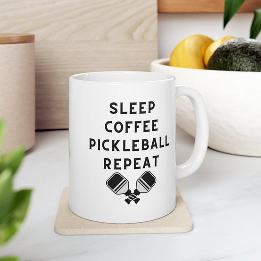 Pickleball Player Mug Gift - 11oz White Ceramic Funny Sleep Coffee Repeat Design - Basically Beachy