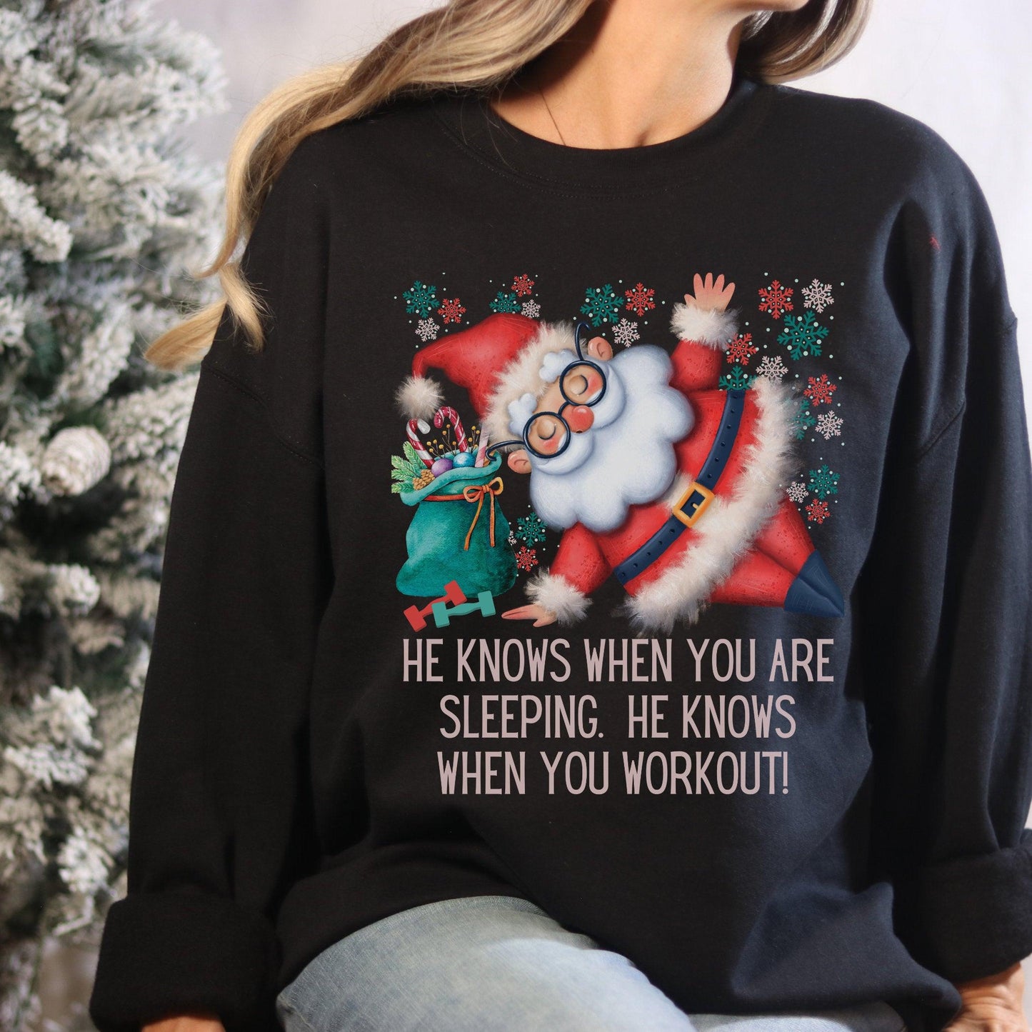 Santa Exercise Workout Sweatshirt for Women - Funny Christmas Gym Sweater - Basically Beachy