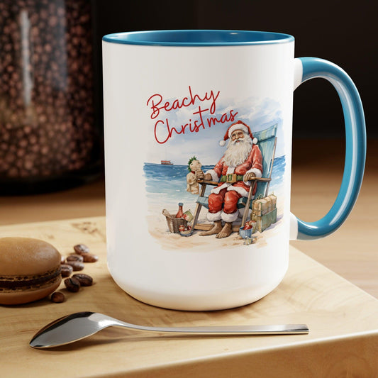 Santa on The Beach, Coastal Christmas 15oz White Accent Coffee Mug - Basically Beachy