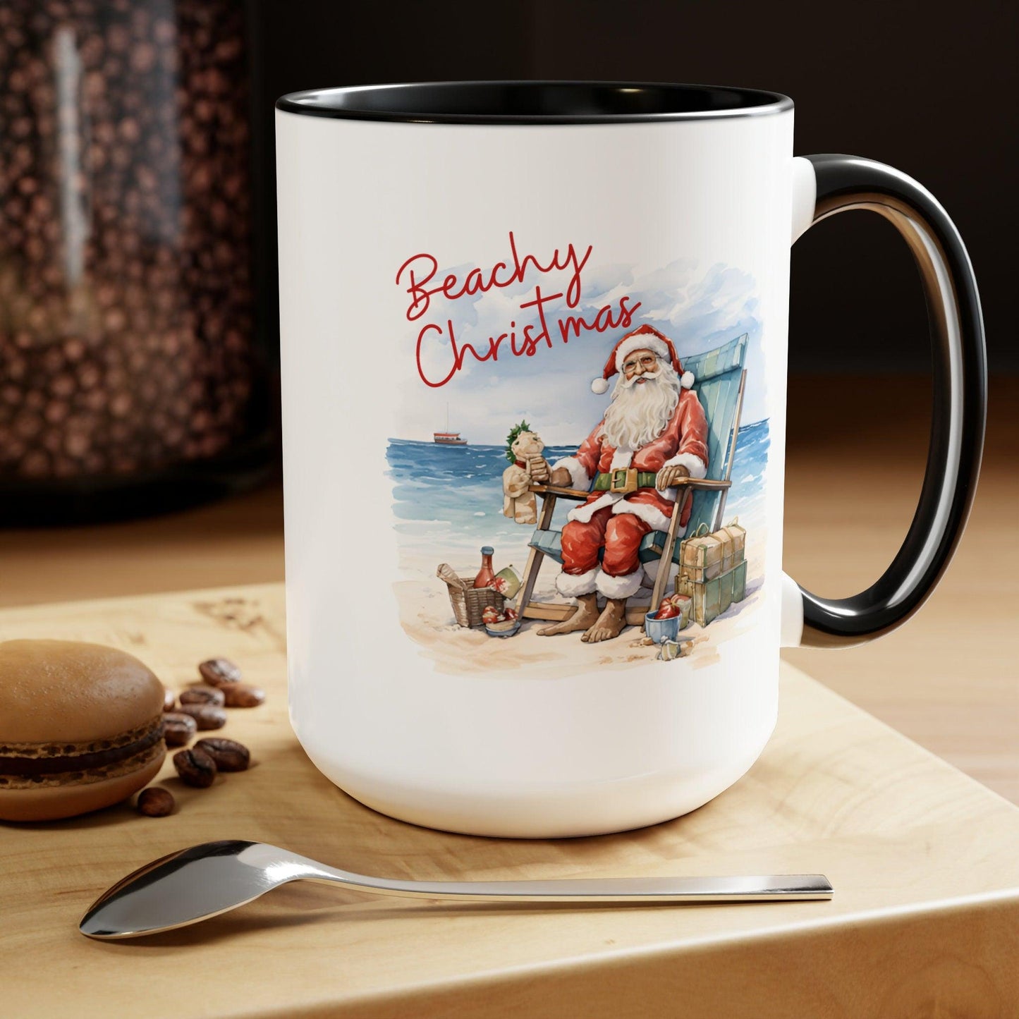 Santa on The Beach, Coastal Christmas 15oz White Accent Coffee Mug - Basically Beachy