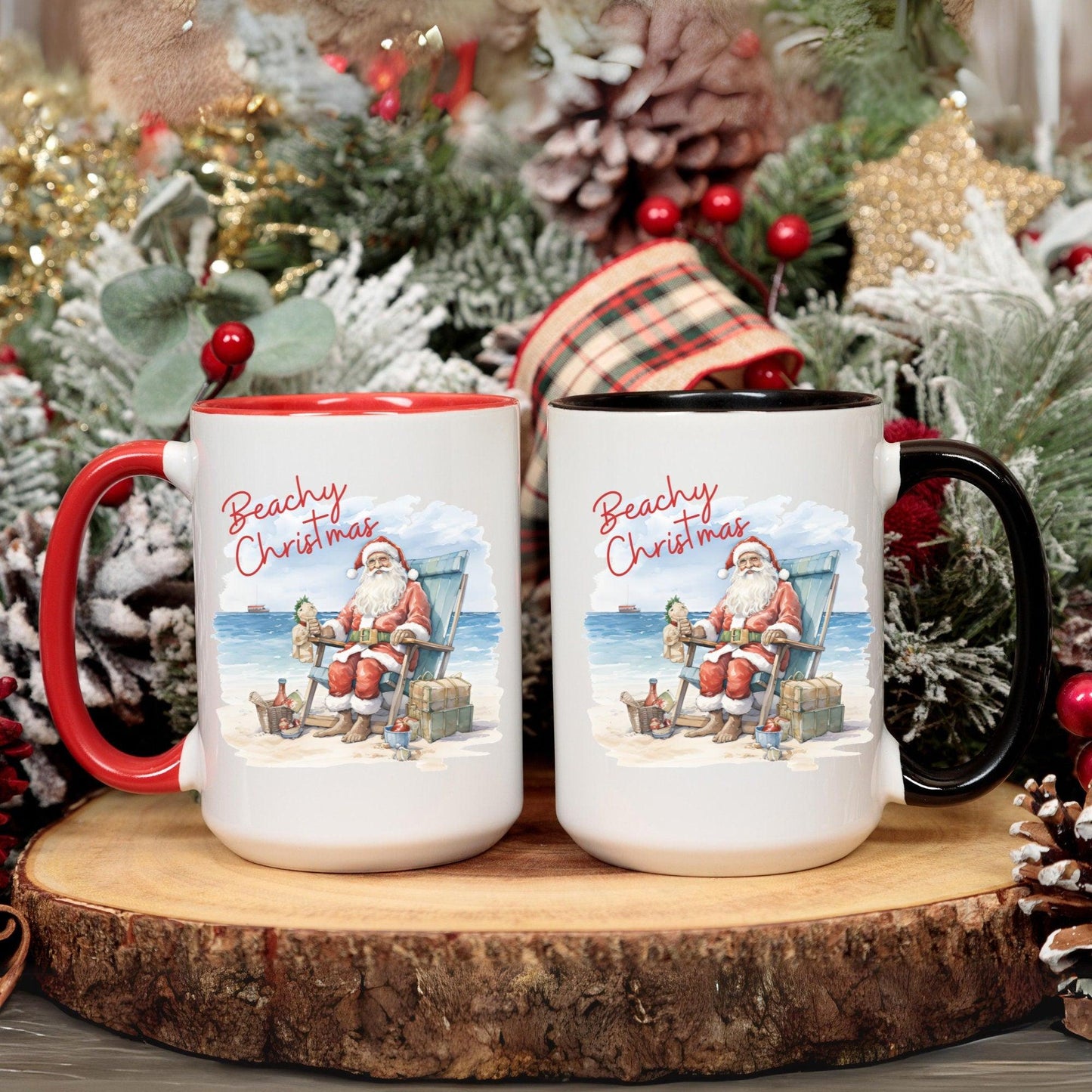 Santa on The Beach, Coastal Christmas 15oz White Accent Coffee Mug - Basically Beachy