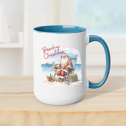 Santa on The Beach, Coastal Christmas 15oz White Accent Coffee Mug - Basically Beachy