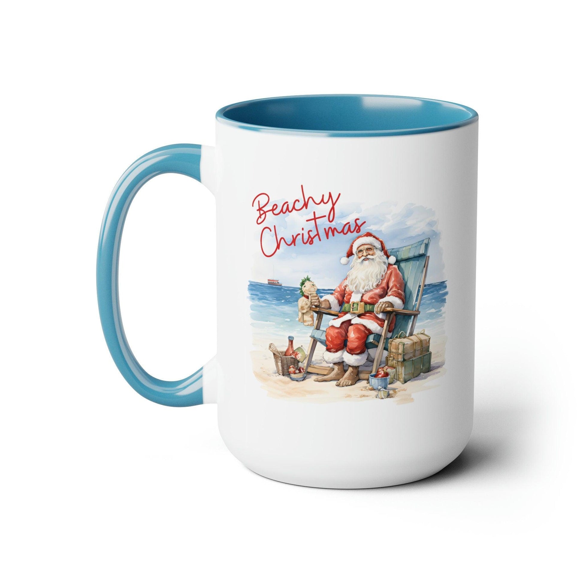 Santa on The Beach, Coastal Christmas 15oz White Accent Coffee Mug - Basically Beachy