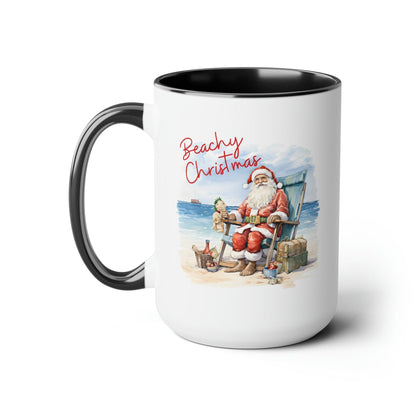 Santa on The Beach, Coastal Christmas 15oz White Accent Coffee Mug - Basically Beachy