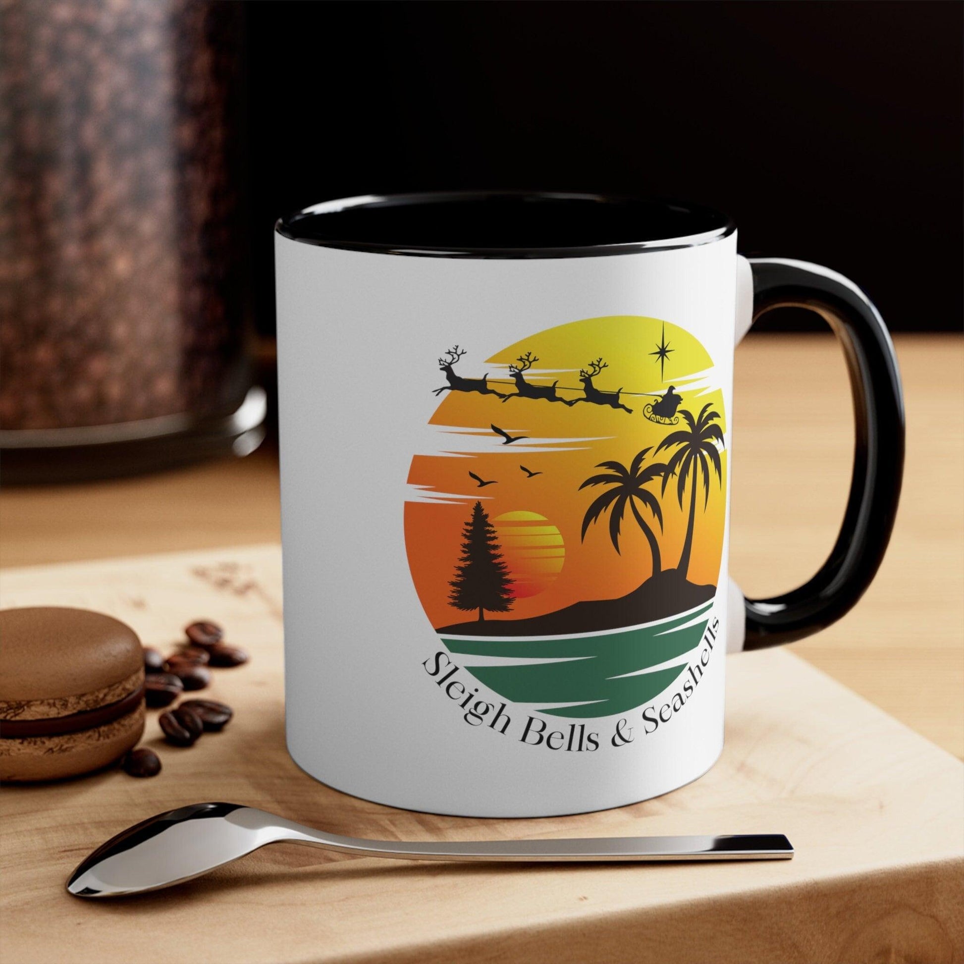 Sleigh Bells and Seashells, Tropical Sunset 11oz Black and White Accent Coffee Mug - Basically Beachy