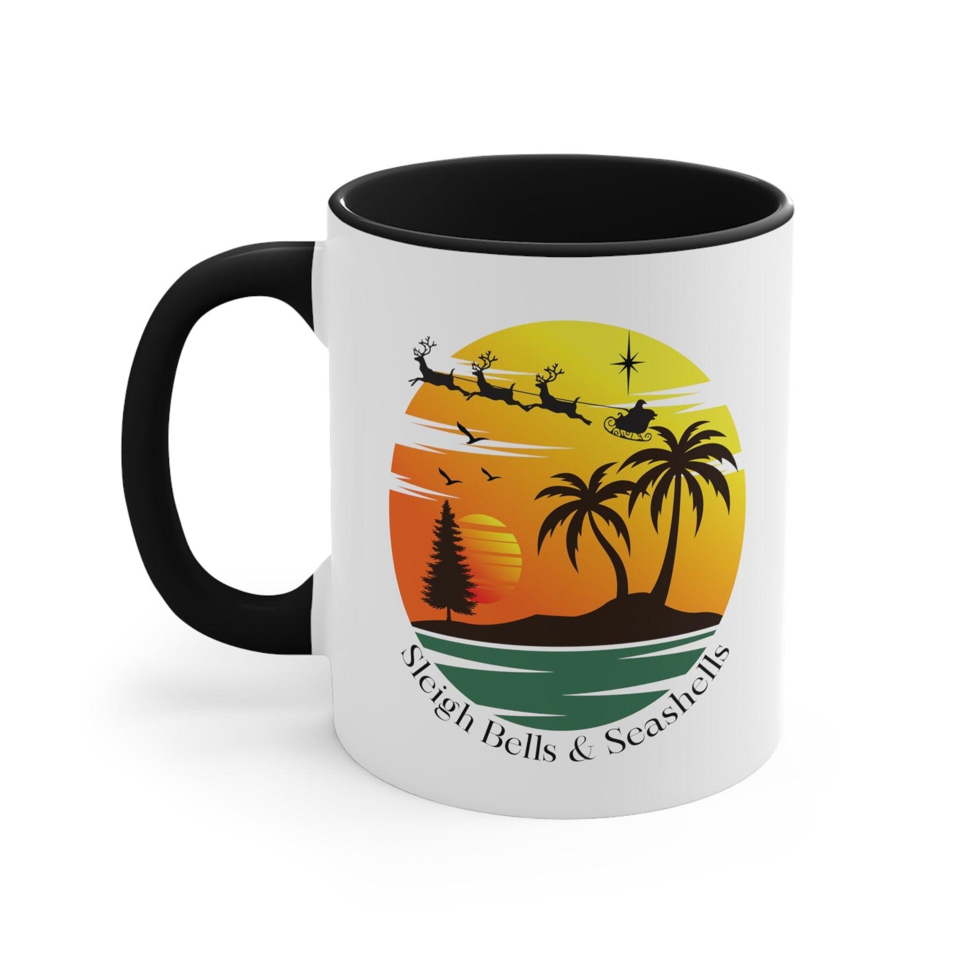 Sleigh Bells and Seashells, Tropical Sunset 11oz Black and White Accent Coffee Mug - Basically Beachy