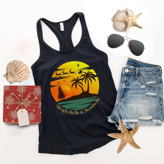 Sleigh Bells Seashells Tropical Christmas Workout Tank Top for Women - Basically Beachy