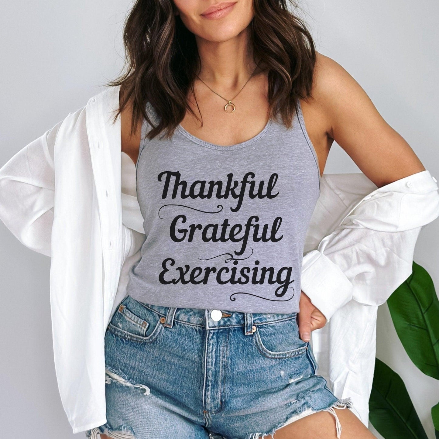Womens Thankful Grateful Exercising Racerback Tank Top, Thanksgiving - Basically Beachy
