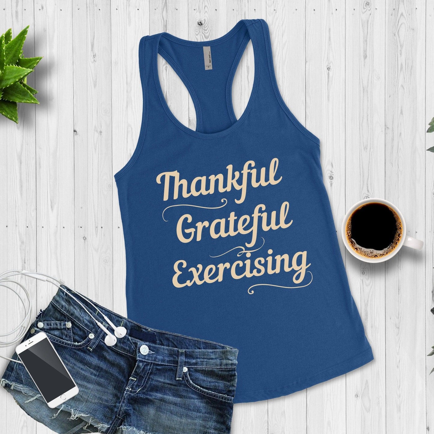 Womens Thankful Grateful Exercising Racerback Tank Top, Thanksgiving - Basically Beachy